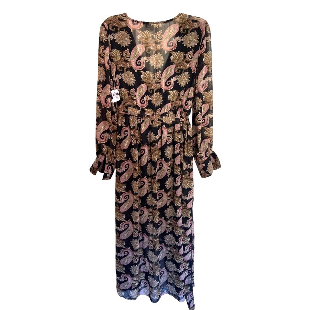 Miss Avenue Paisley Long Sleeve Maxi Dress L Black Pink Sheer Wrap Kaftan Style